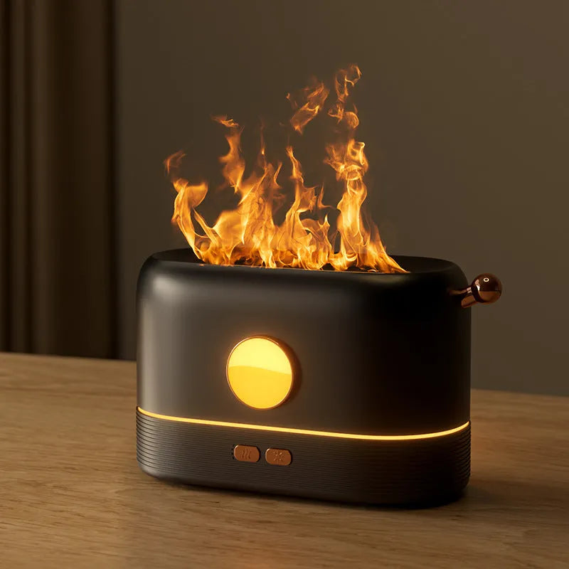Black USB desktop humidifier diffuser with simulation flame effect and water tank