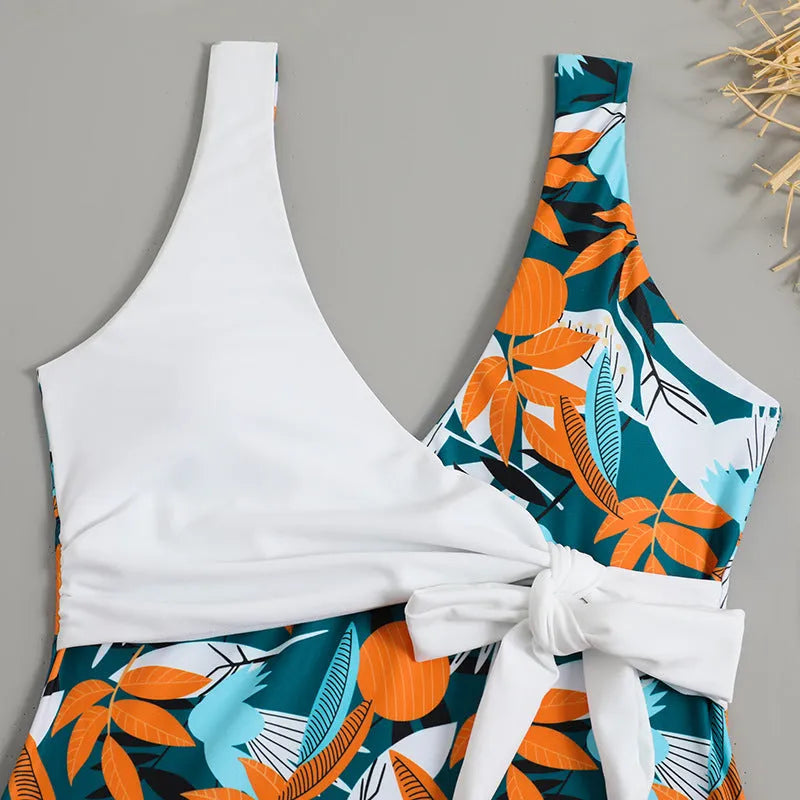Women's high waist one-piece swimsuit with printed pattern in polyester fabric