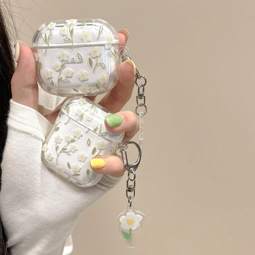 White floral pattern transparent TPU protective case for Apple AirPods showing soft shell design