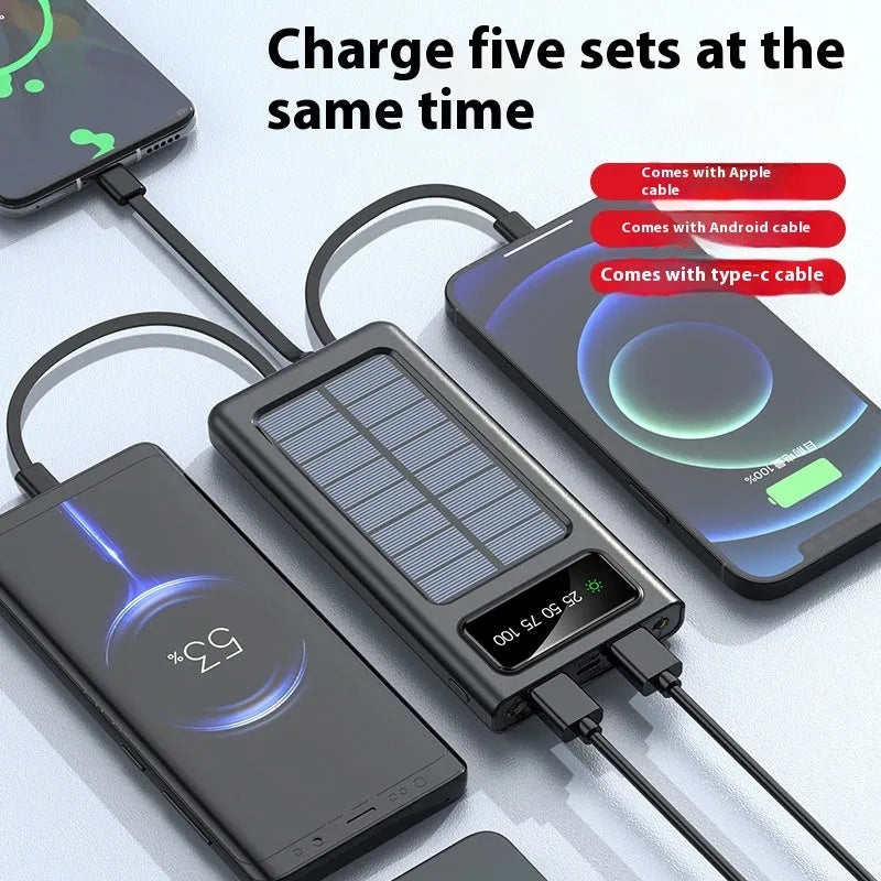 Black or white solar power bank portable charger measuring 148x71x19mm with four-wire cable