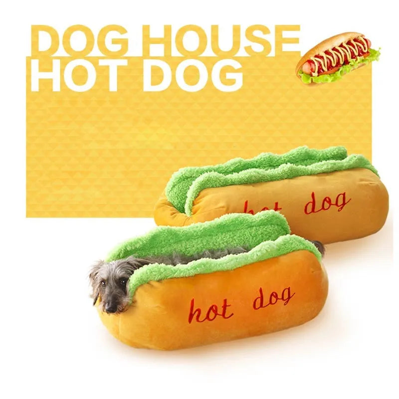Hot dog pet bed with removable mat in flannelette fabric with jean cloth sides