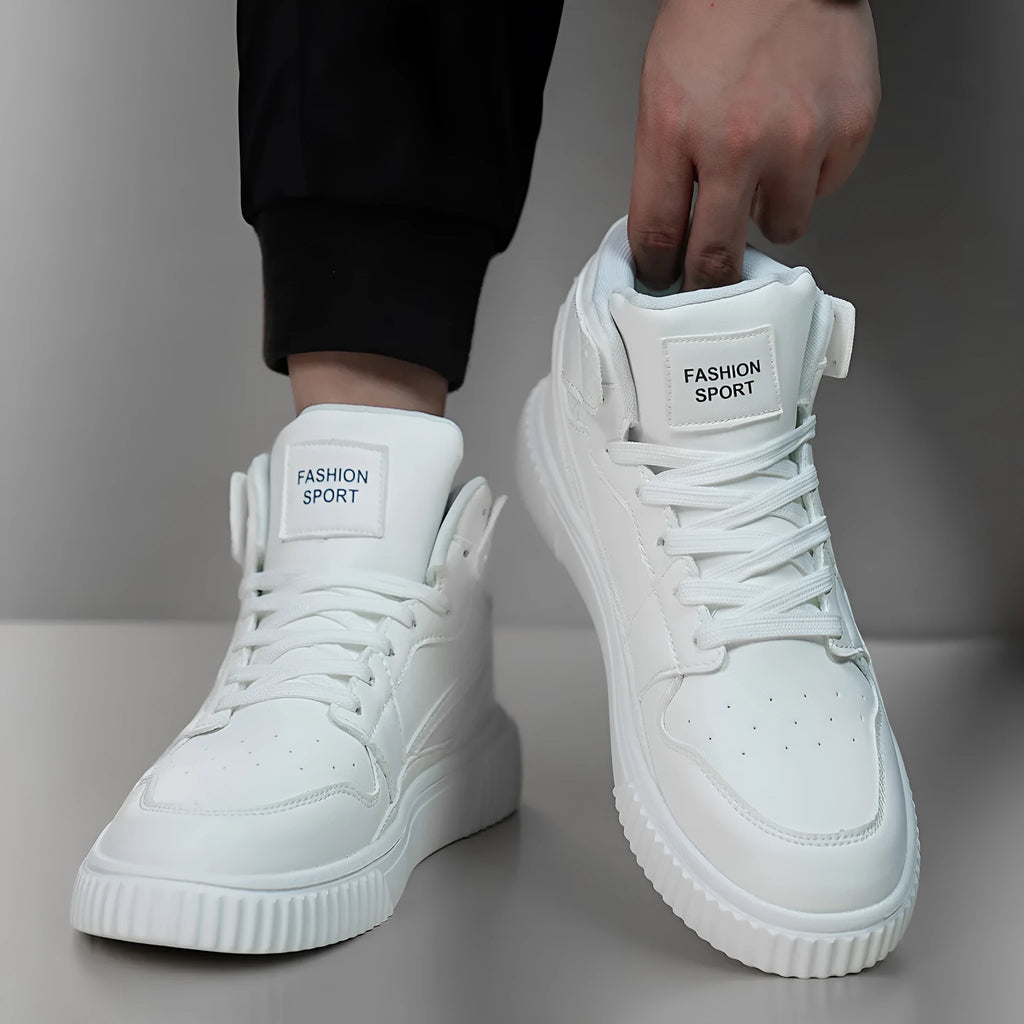 Men's white casual shoes with round toe and microfiber upper for autumn and winter leisure wear
