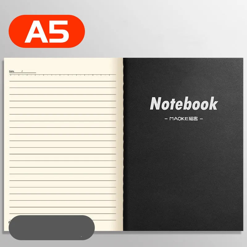 Ten soft cover kraft paper notebooks with thread binding in A5 and B5 sizes showing multiple design styles