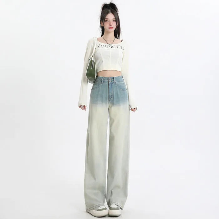 Gradient blue women's straight-leg wide-cut denim trousers laid flat