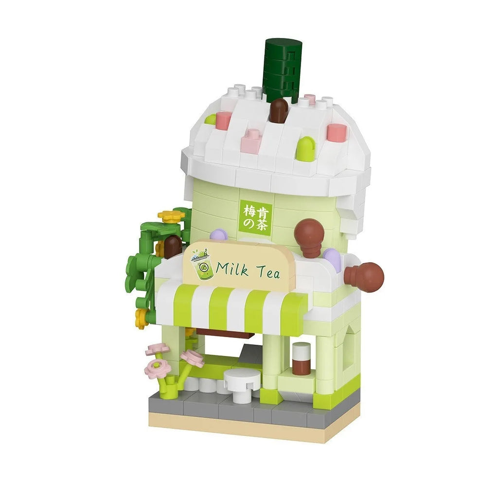 City Street View building blocks set with six plastic shop models, including hamburger, flower, cake, milk tea, coffee, and fried chicken shops, 172-207 pieces