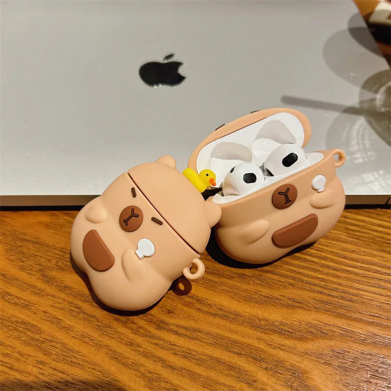 Silicone AirPods cover with overhead duck capybara design in soft shell cartoon style