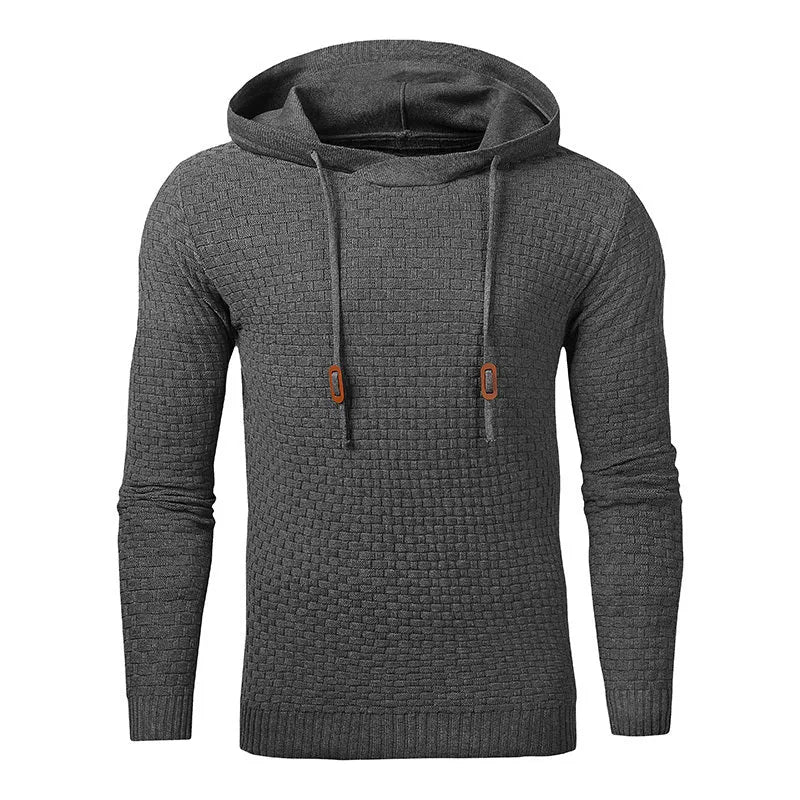 Men's black hooded sweatshirt made from cotton and polyester blend fabric on a grey background.