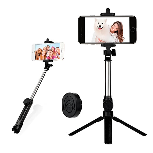 Apple-compatible black tripod selfie stand with Bluetooth remote and 360-degree rotating phone clip extended.