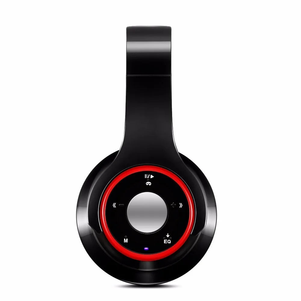 Foldable wireless Bluetooth headset in blue, red, or rose red with adjustable hinges.