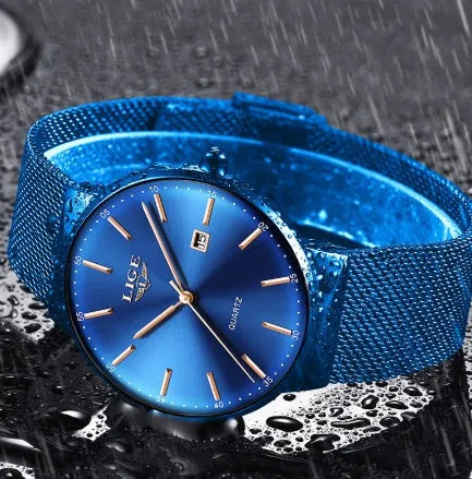 Men's stainless steel watch with 40mm case, shown in black, blue, and black blue colour variations.