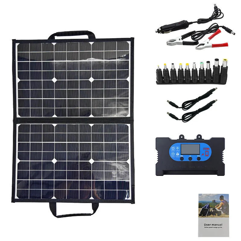 Black folding bag portable solar panel charger showing 40W power and folded size.