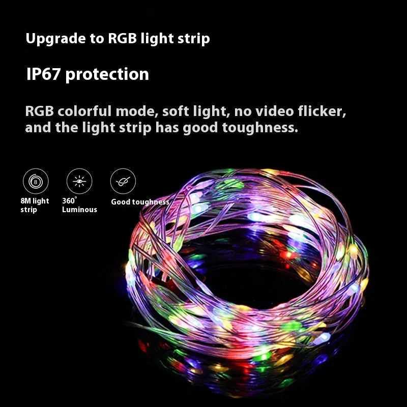Close-up of an 8-metre long USB rechargeable LED string light with 30 beads, showing both warm white and multicolour lighting options.