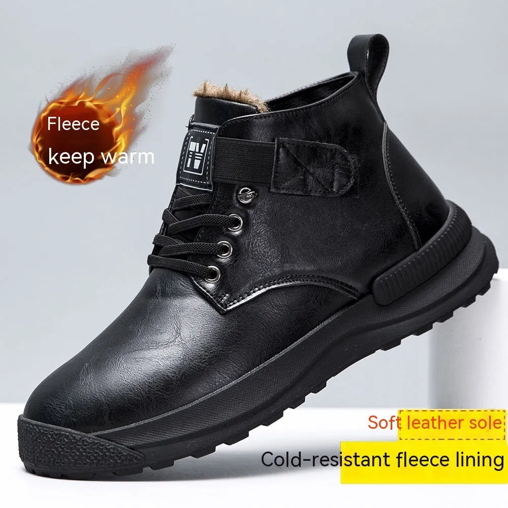 Men's black high-top platform Martin boots with a velvet upper and rubber sole.