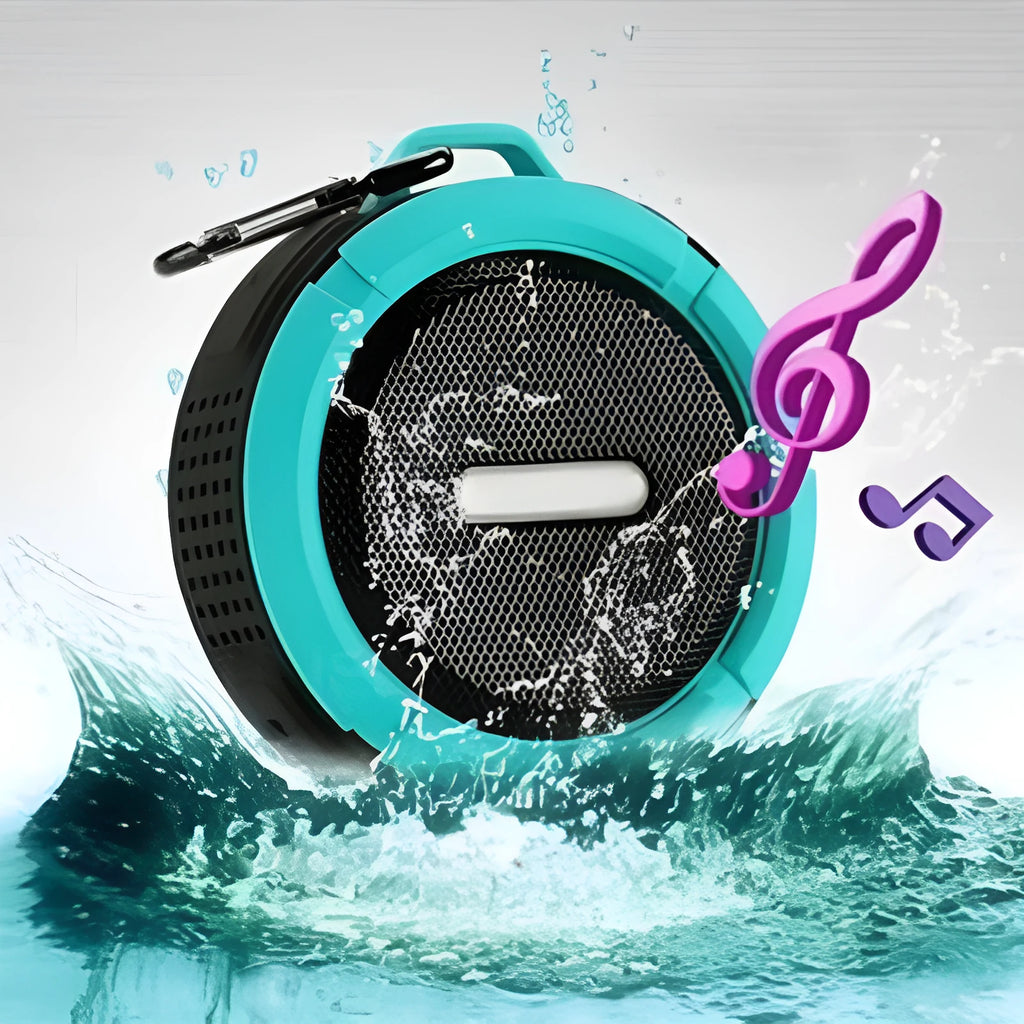 Portable waterproof Bluetooth speaker in multiple colours with a built-in carabiner clip for bags.