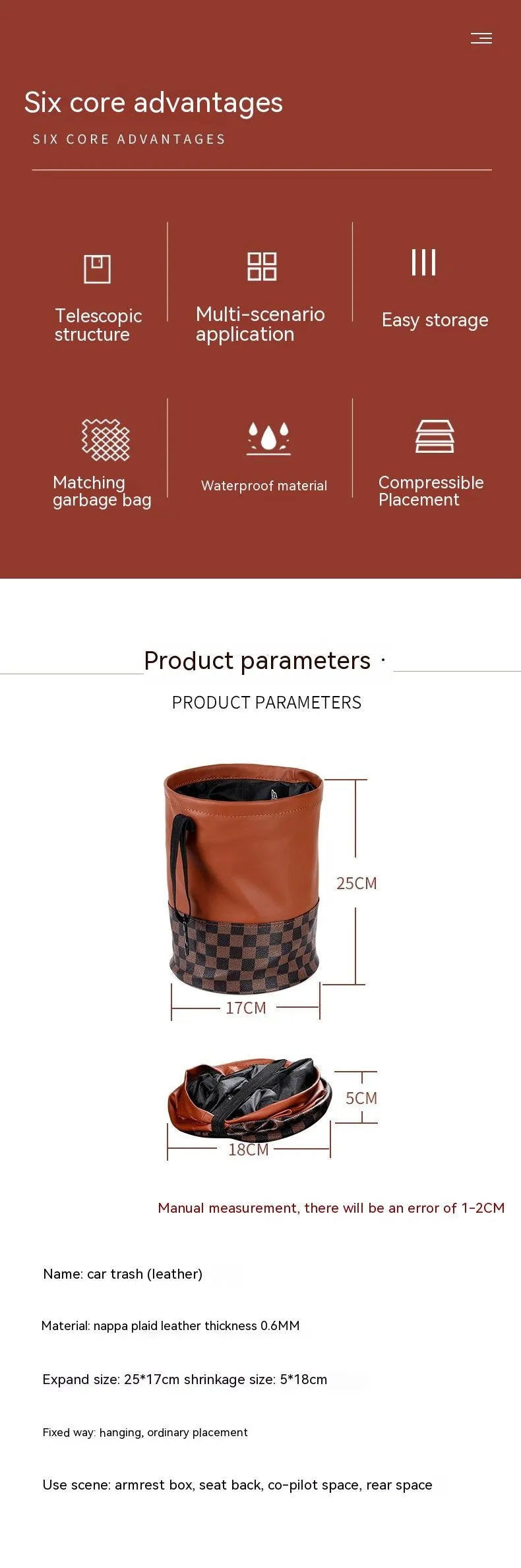 Retractable leather car trash can showing folding design and built-in handle