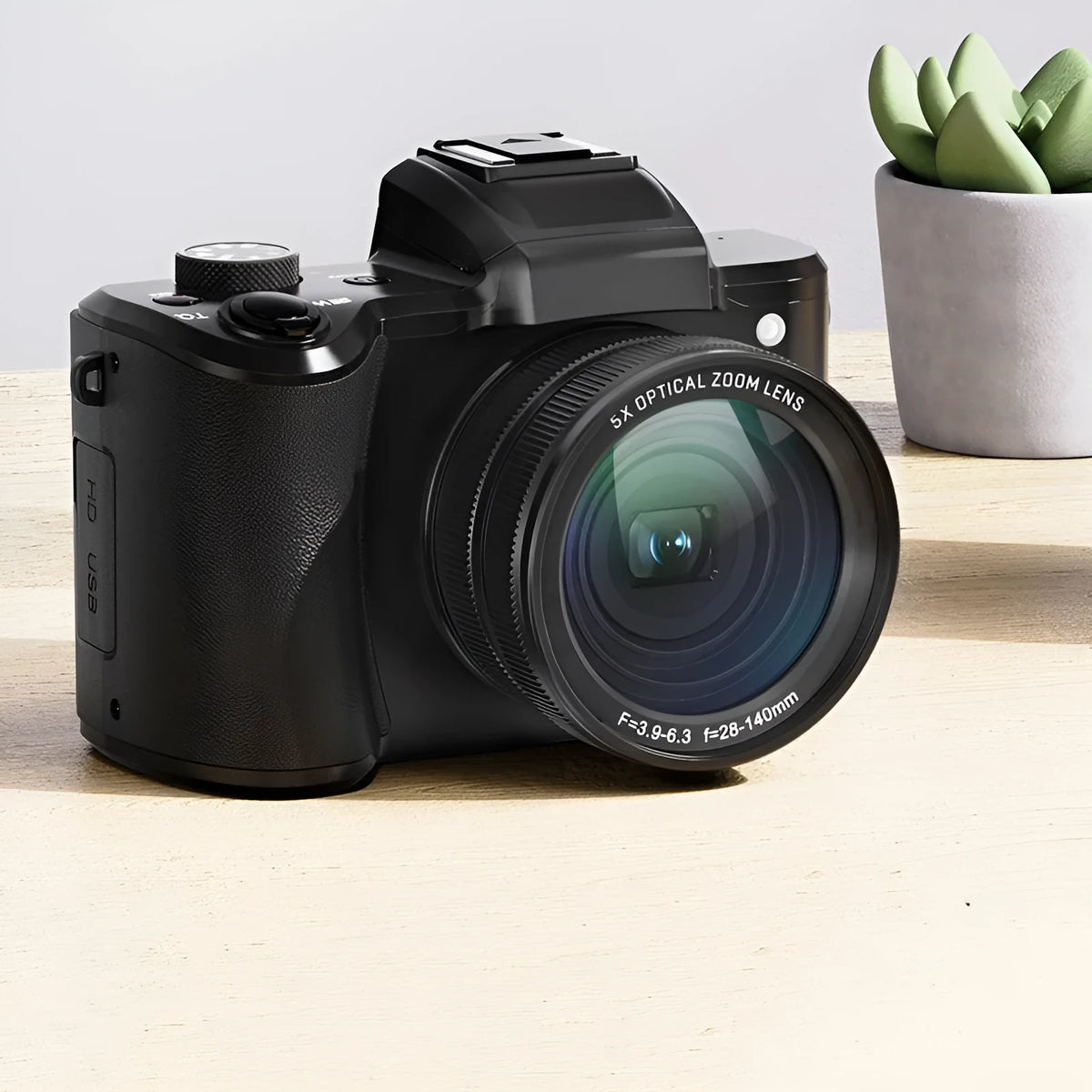 Black digital camera with 16MP CMOS sensor, 3.2-inch Full HD screen, periscope lens, and dual camera