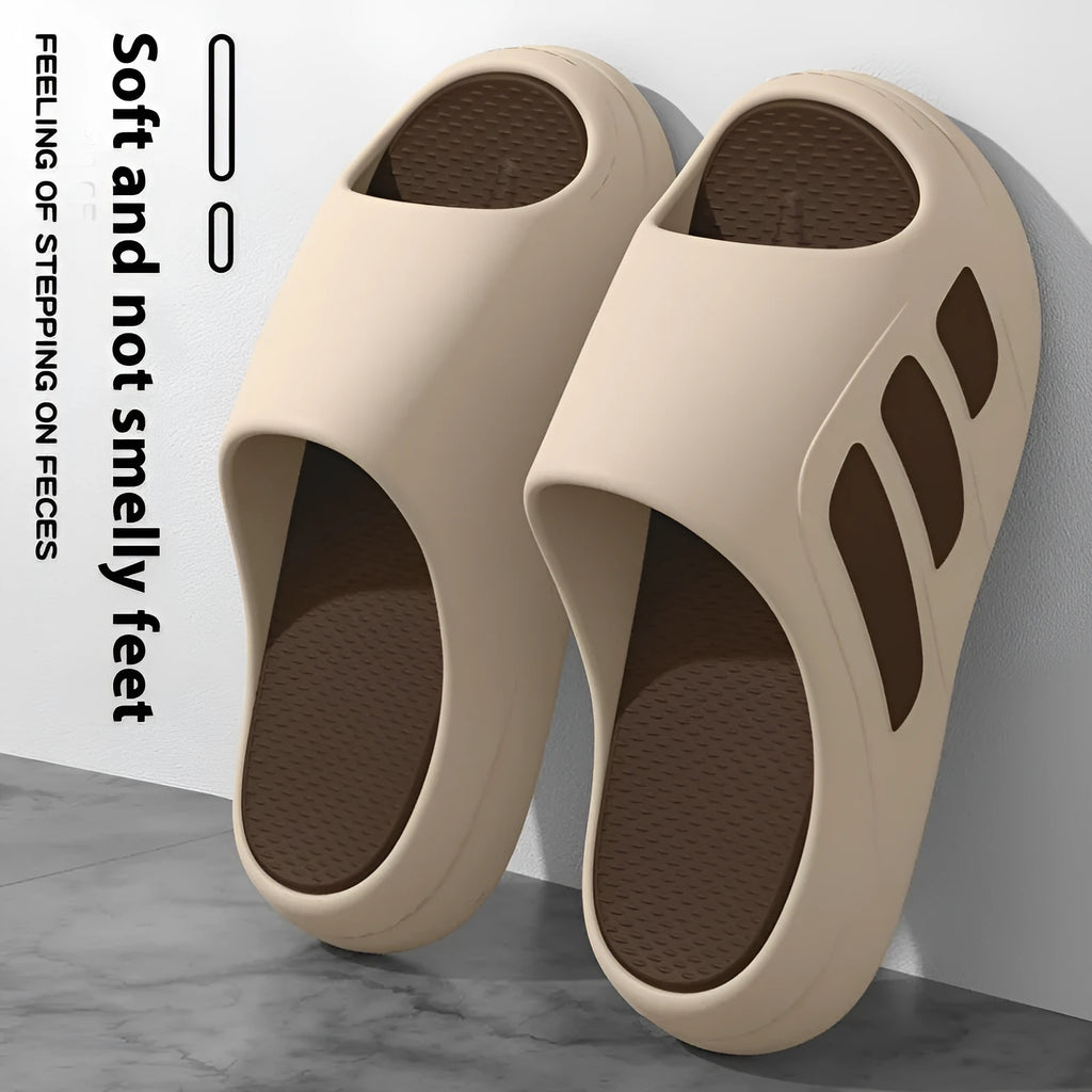 Men's brown and two-tone EVA platform slippers for indoor home use on a plain background