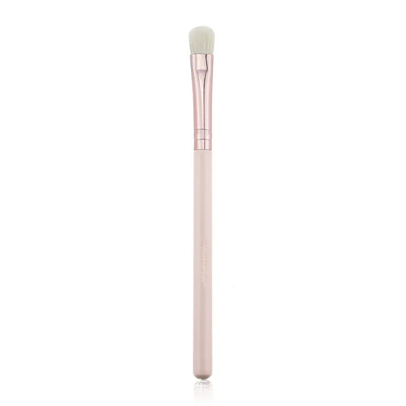 26-piece pink makeup brush set with wooden handles and a grey PU storage case, arranged open.