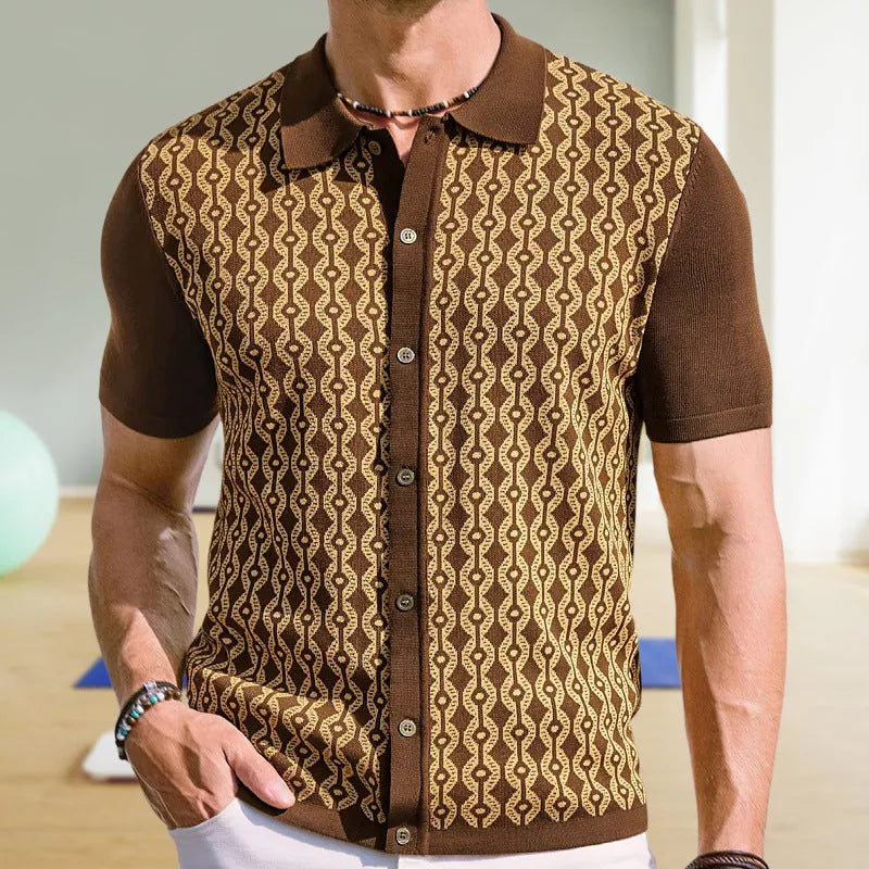 Men's short-sleeved Tencel cardigan with geometric jacquard and flocking, lapel collar, available in black, brown, blue