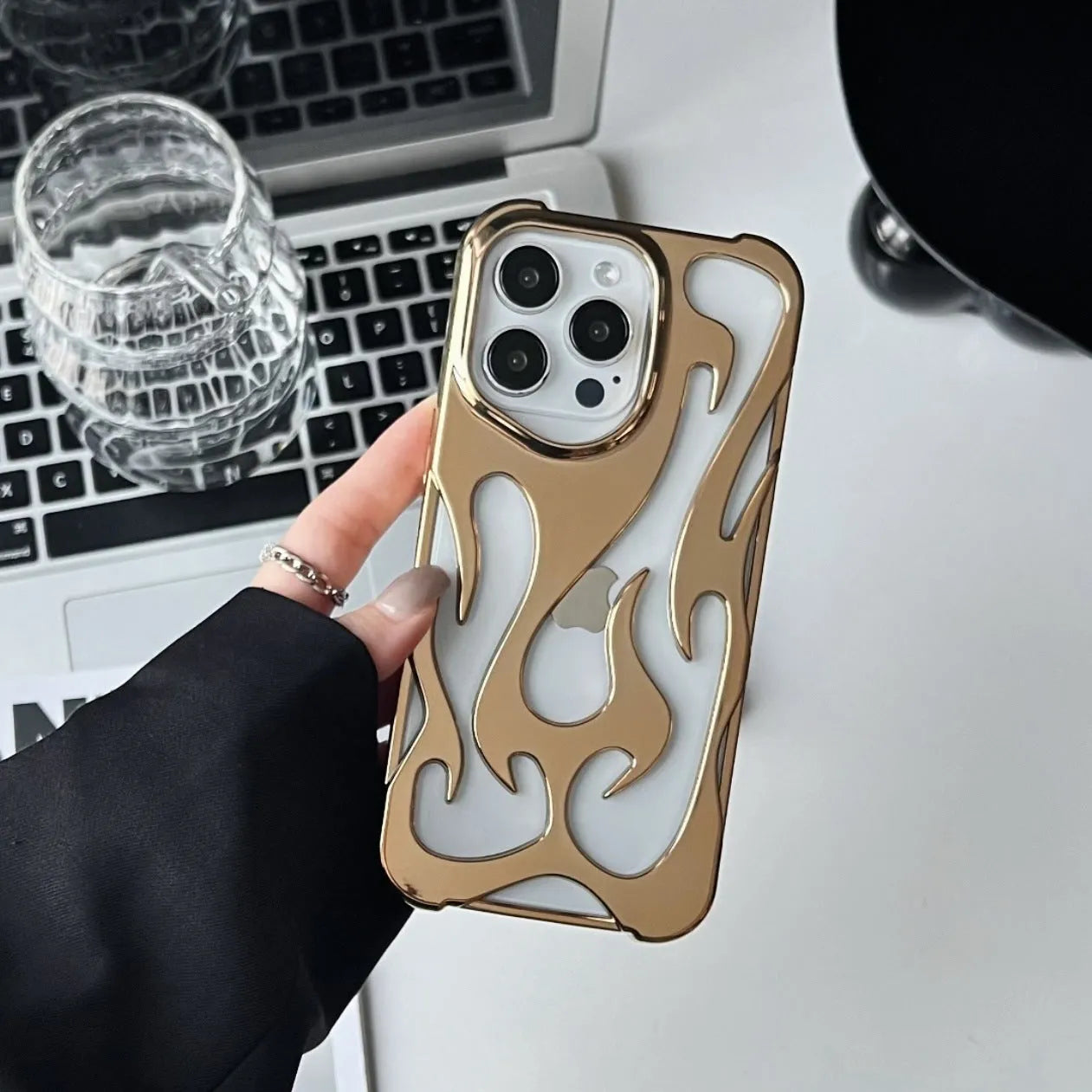 Electroplating hollow flame pattern soft TPU phone case for Apple iPhone in metallic silver finish