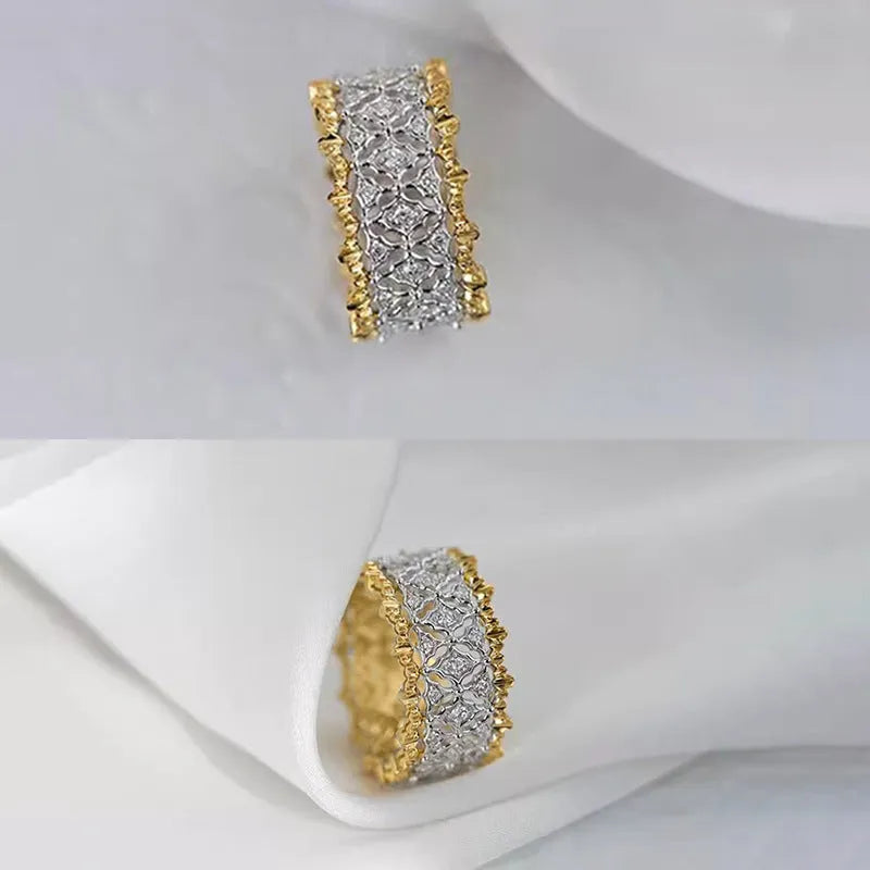 Geometric two-tone zircon ring in gold and silver on copper, showing round stone and available in sizes 6-10.