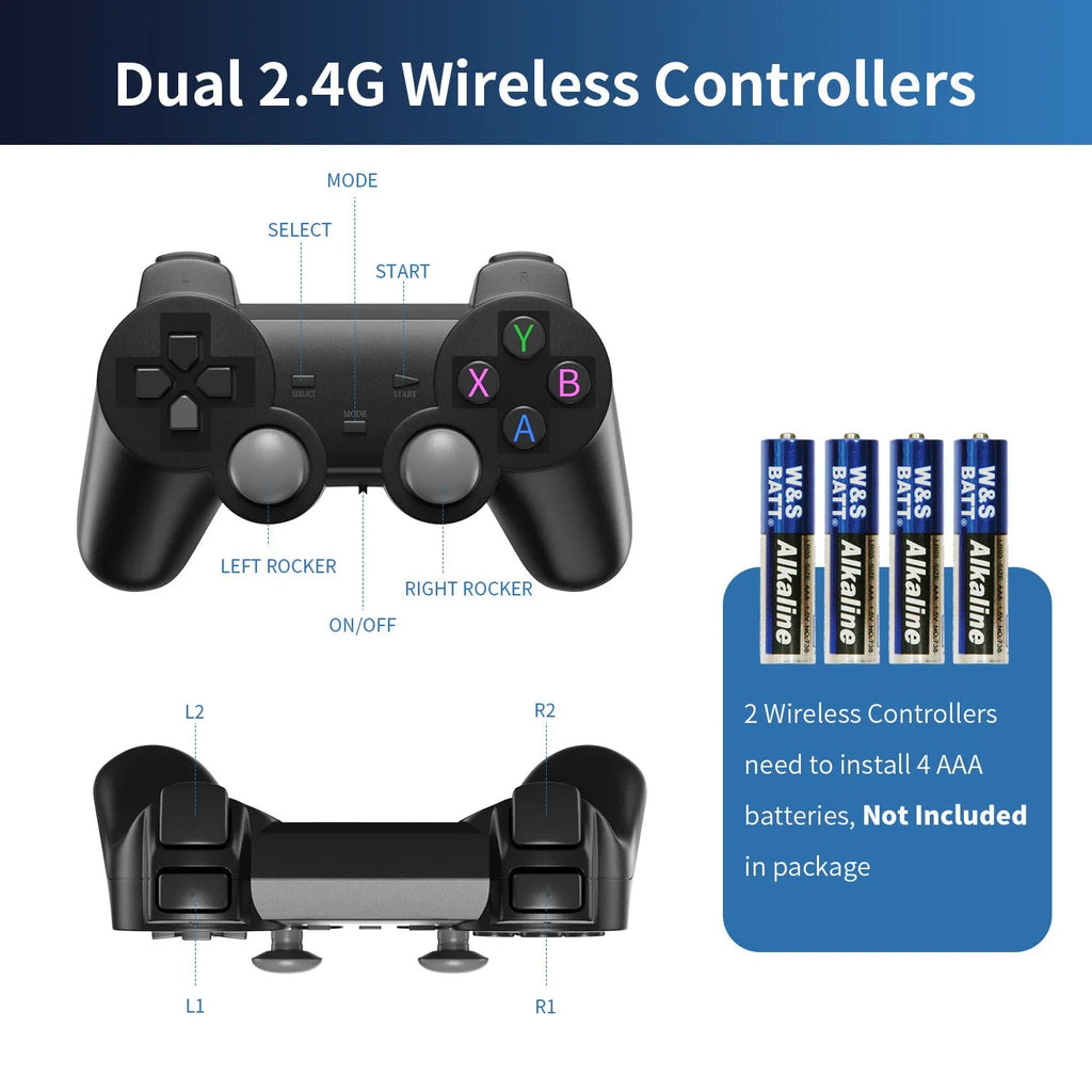 Black HD home TV game console with wireless handle on a wooden surface next to an HDMI cable.