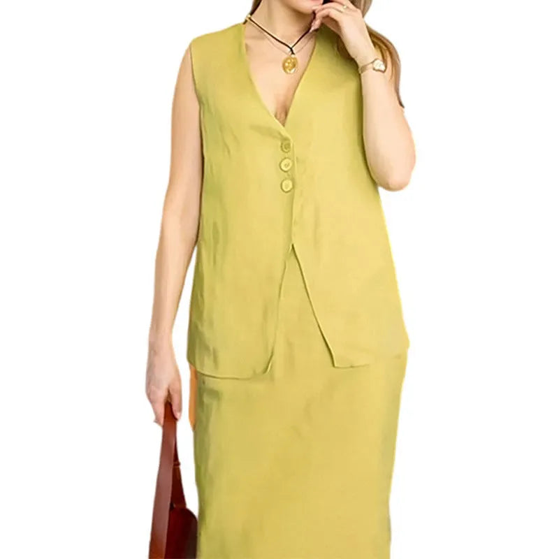 Women's blue sleeveless vest and long skirt two-piece casual suit set