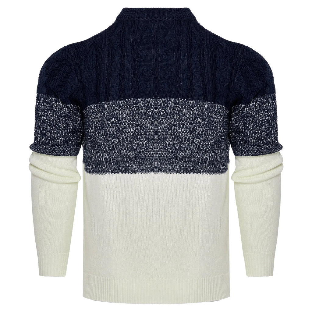A men's long-sleeved knitted pullover sweater shown in one of five available styles.