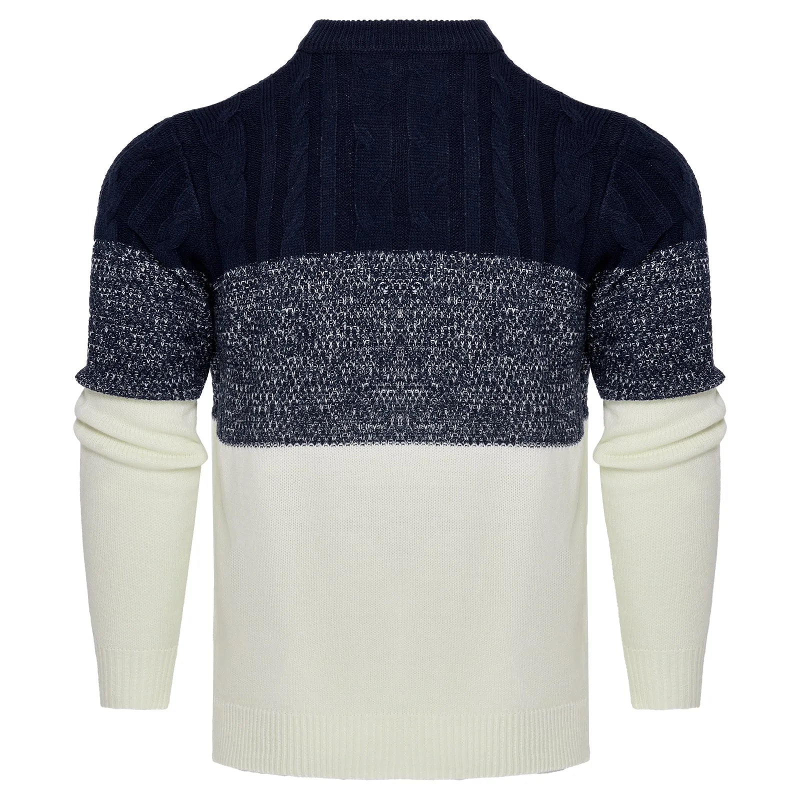 A men's long-sleeved knitted pullover sweater shown in one of five available styles.