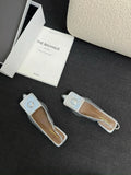 Women's low heel pointed toe sandals with an ankle strap in apricot colour.