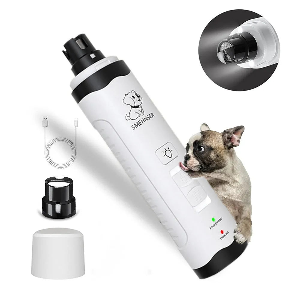 Electric dog nail grinder device with LED display showing speed settings.