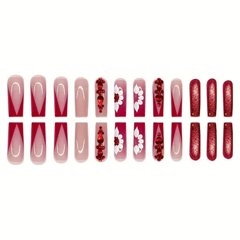 Sweet Flowers Temperament removable fake nails with red diamond accents and floral pattern