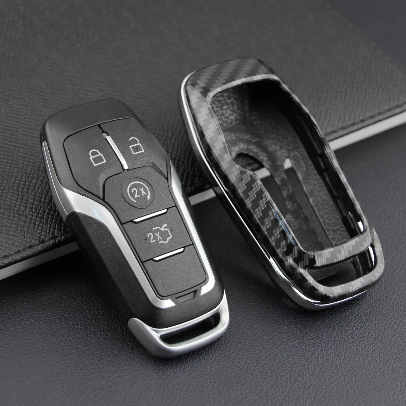Plastic protective shell for a car key remote, shown in single-shell and buckle-closure style options.