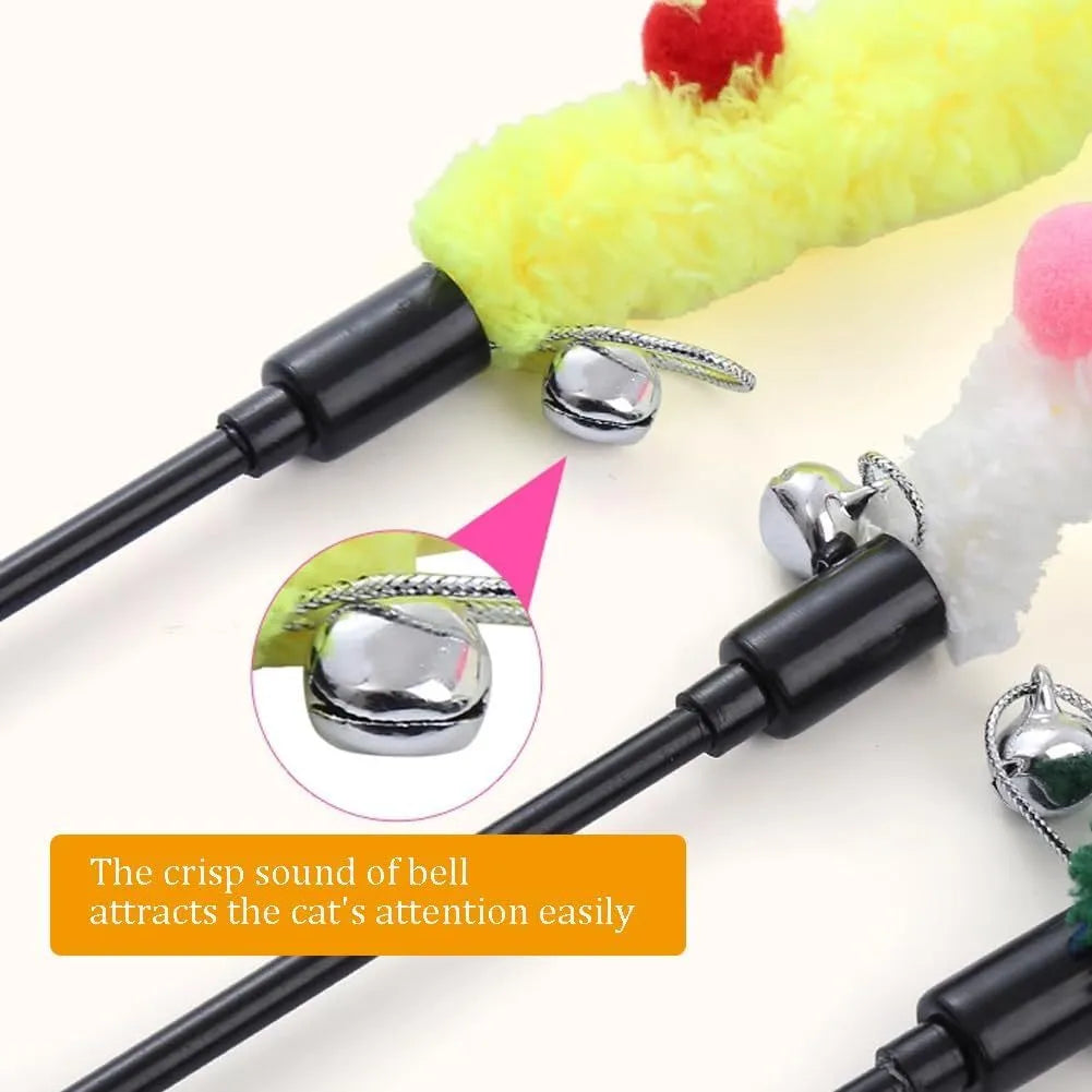 Cat wand toy with colourful plush strip, fluffy ball, and bells on a 41cm pole