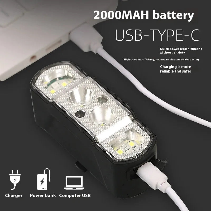 Black ABS bicycle headlight with LED display showing 350-lumen brightness and rechargeable battery