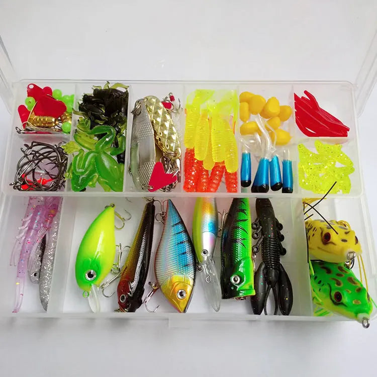 Fishing lure tackle kit with 142 pieces including metal and plastic lures, hard minnows and fishing pliers