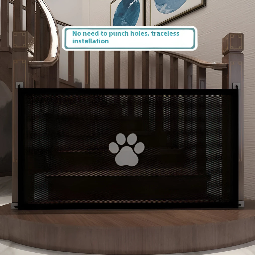 Folding cloth dog barrier net with pet doorsill showing black dog footprint design, shown in a doorway.