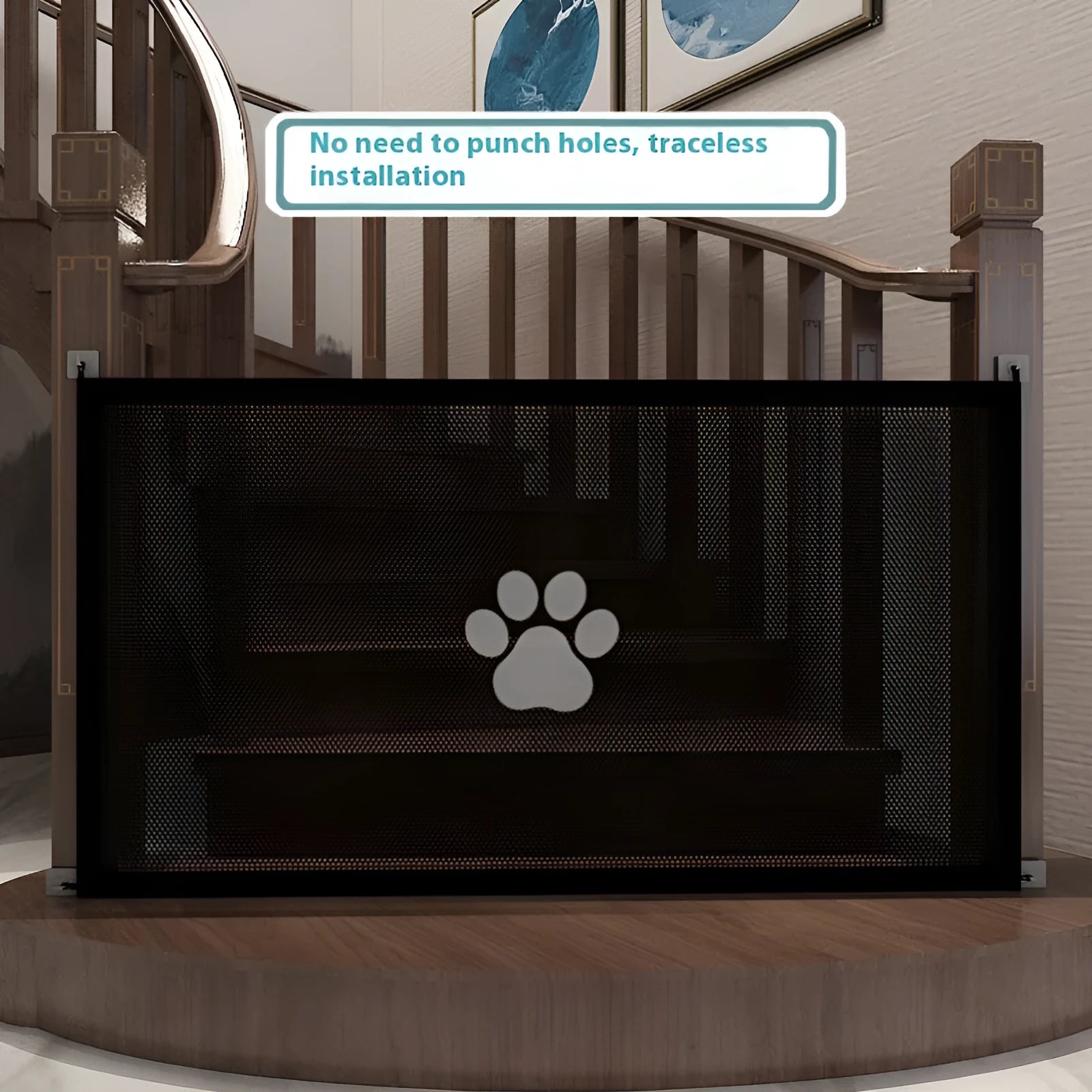 Folding cloth dog barrier net with pet doorsill showing black dog footprint design, shown in a doorway.