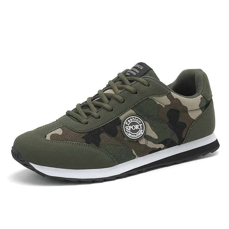 Green camouflage suede low-top sports shoes with a flat foam sole and mesh lining.