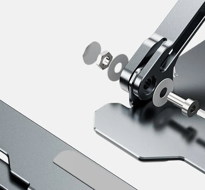 Grey aluminium alloy laptop stand with adjustable angle, shown folded and open.