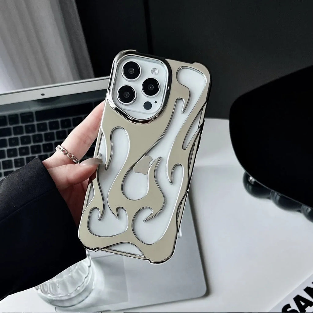 Electroplating hollow flame pattern soft TPU phone case for Apple iPhone in metallic silver finish