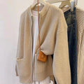 Women's soft viscose sweater coat cardigan in beige, available in small and plus sizes.