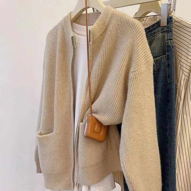 Women's soft viscose sweater coat cardigan in beige, available in small and plus sizes.