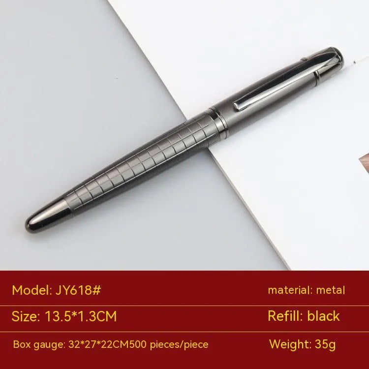 Gun gray metal roller pen showing 13.5cm length with black or blue ink refill options