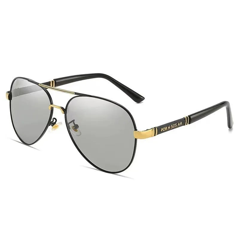 Men's polarised sunglasses with a metal frame, shown in a gold and black colour combination.