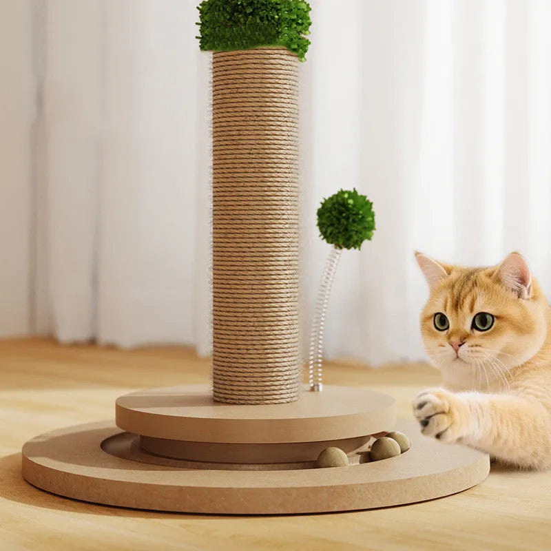 Vertical cat climbing frame with hemp rope scratching posts and natural wood-coloured grab columns