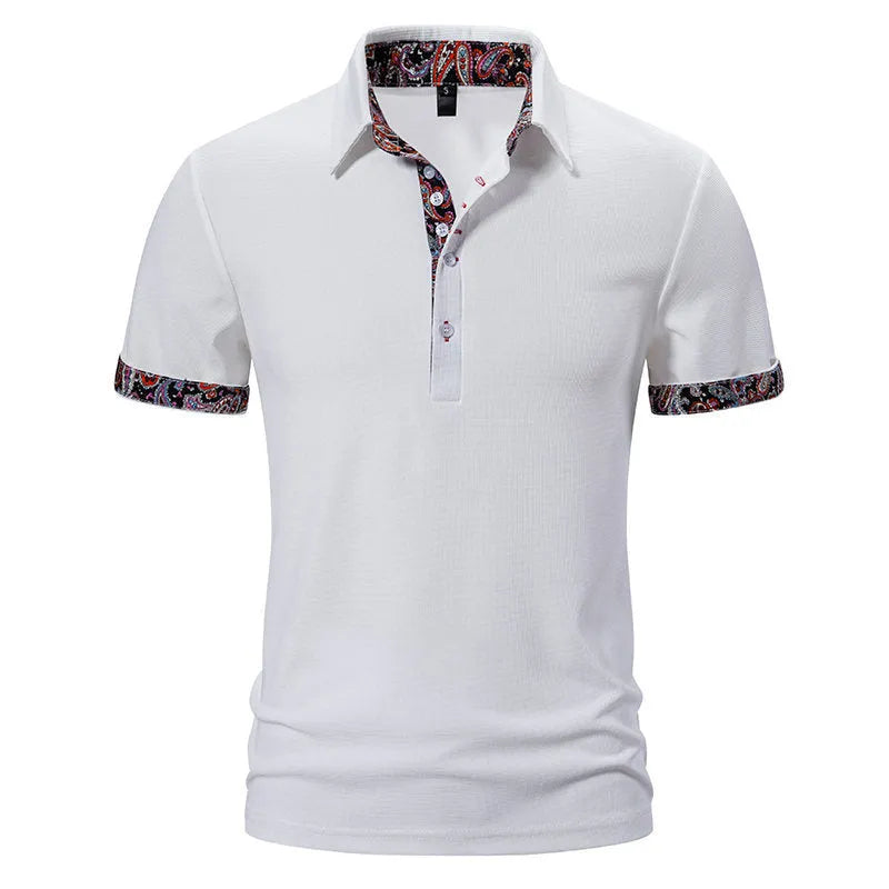 Men's navy blue polo shirt with white stitching on the turnover collar and short sleeves.