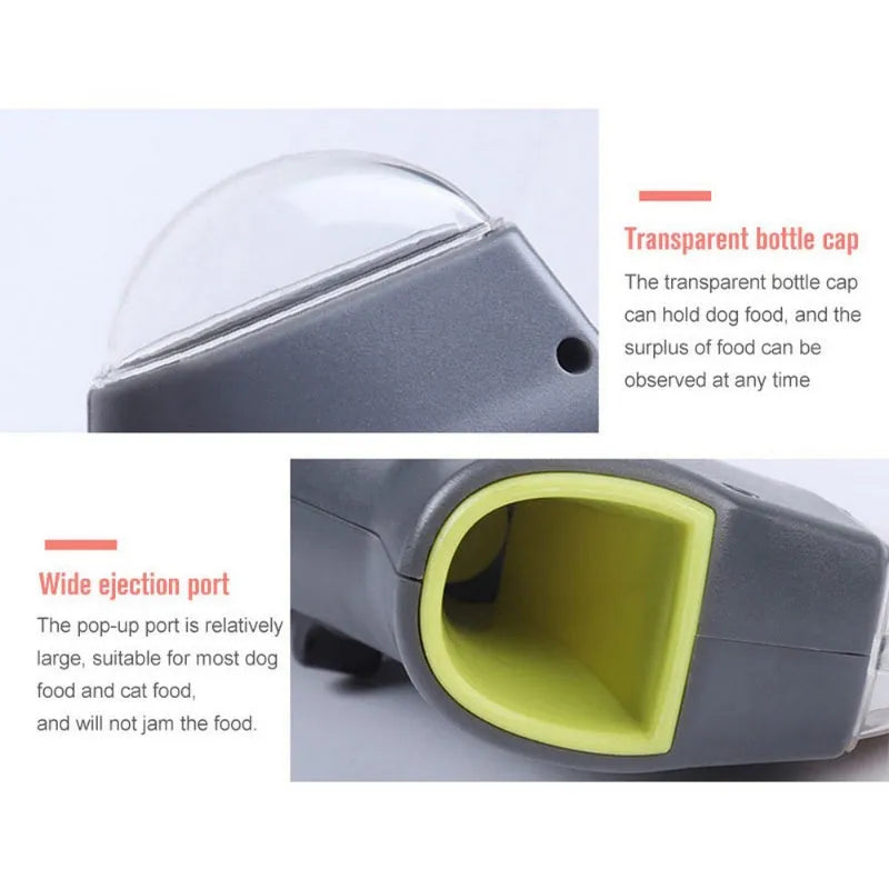 Grey pet snack catapult launcher for dog training measuring 18x7.5x3.5 cm