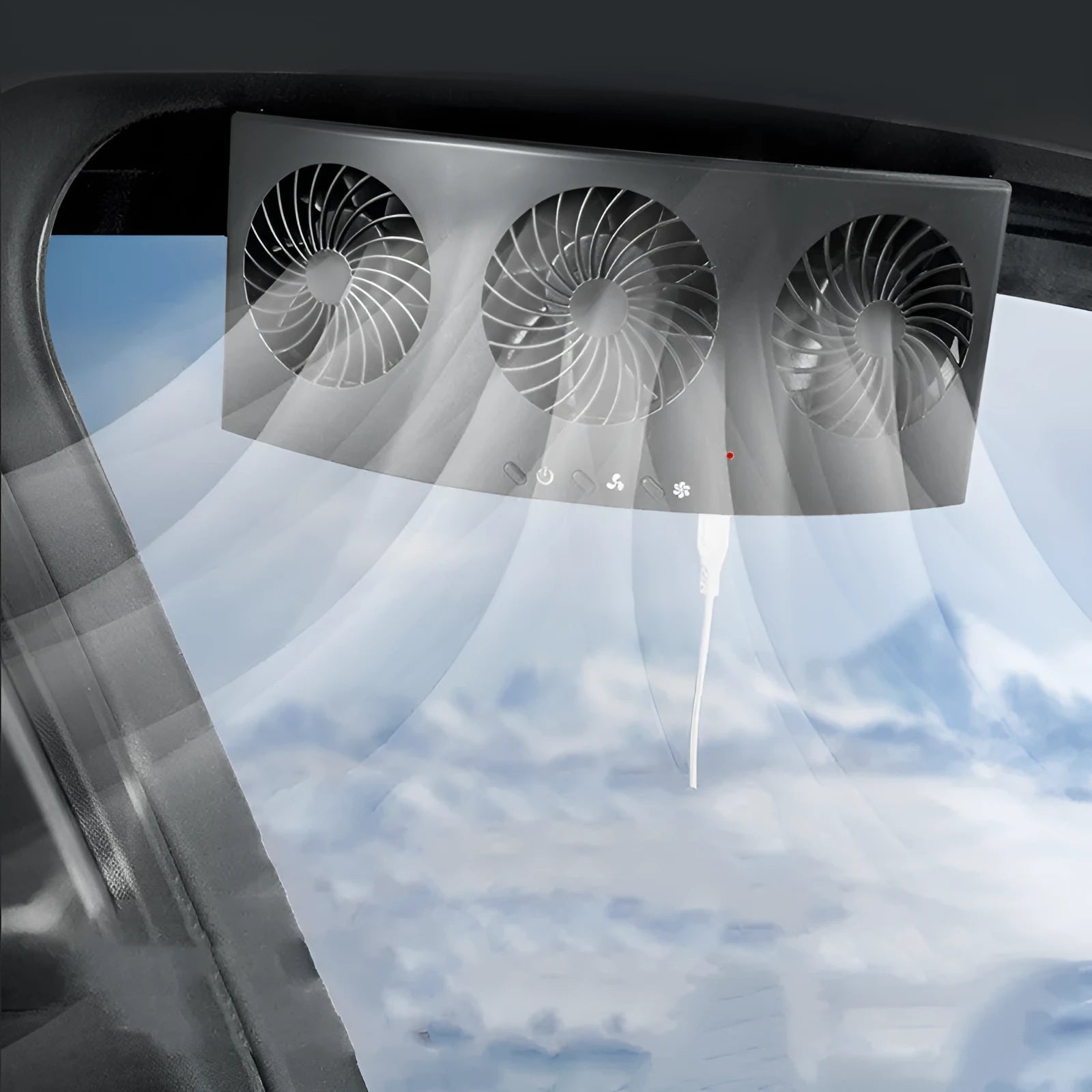 Portable black and white car ventilation fan with USB power cord for reducing exhaust odour