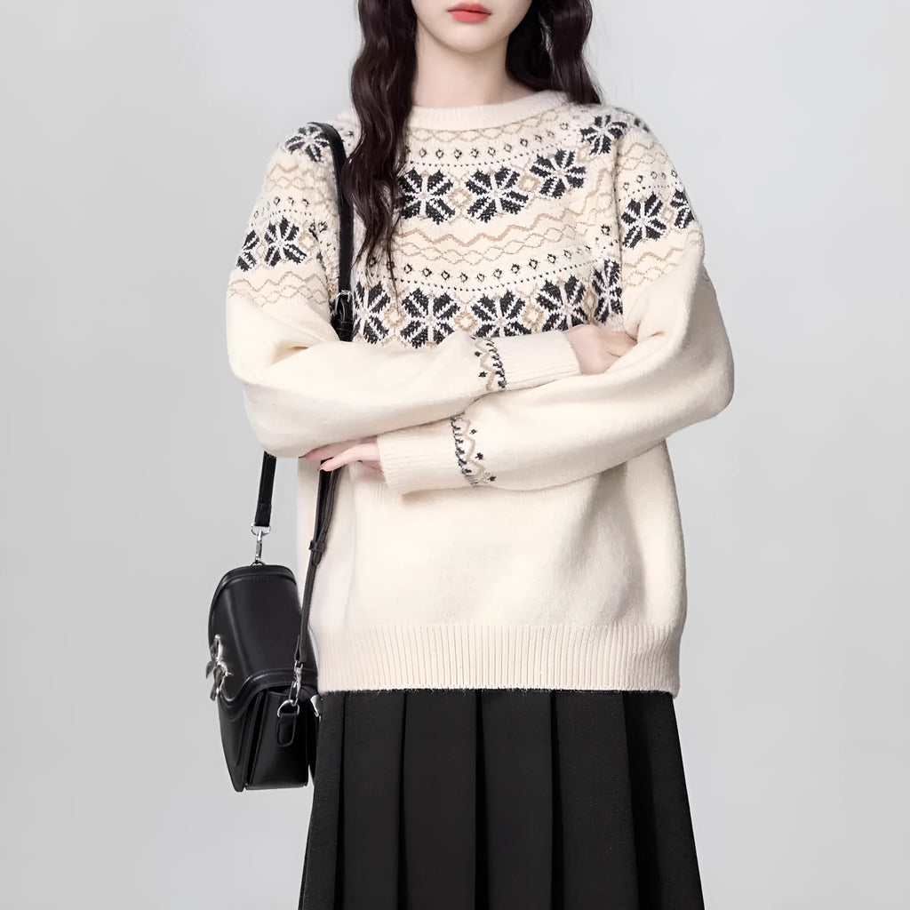 Women's milky white fair isle pullover sweater with geometric knitting pattern and crew neckline